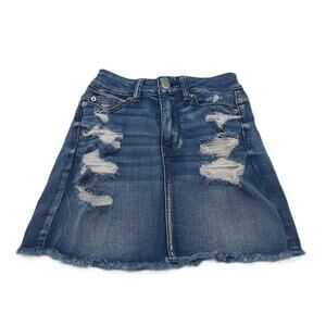 American Eagle Outfitters 5-pocket distressed denim raw hem hi-rise mini skirt